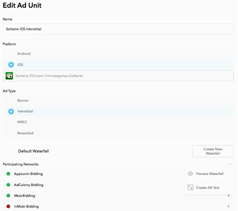 Edit Ad Unit. Name, Platform, Ad Type, Default Waterfall. Preview Waterfall, Create AB Test.