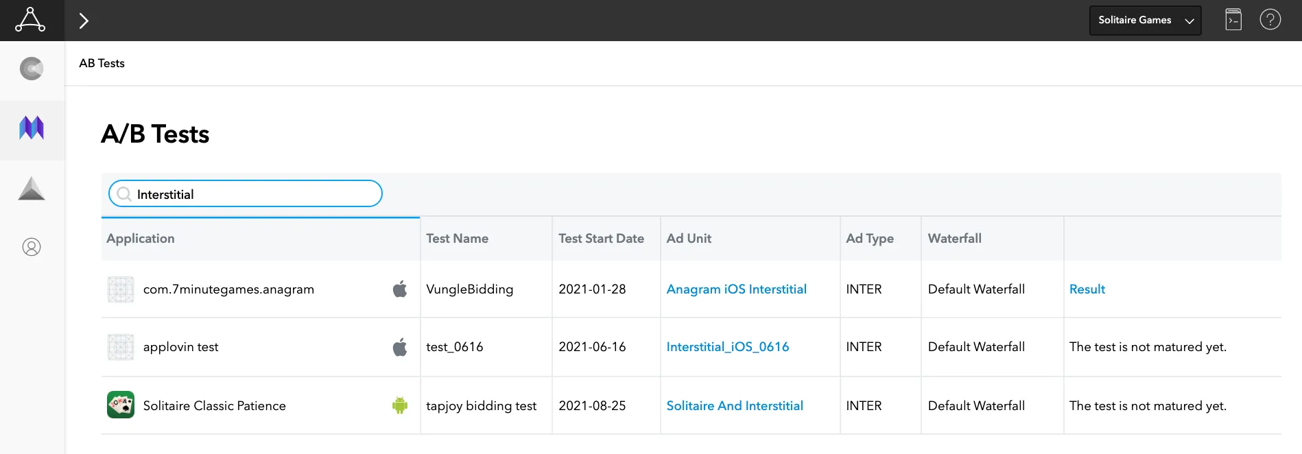 A/B Tests. Application, Test Name, Test Start Date, Ad Unit, Ad Type, Waterfall, Result