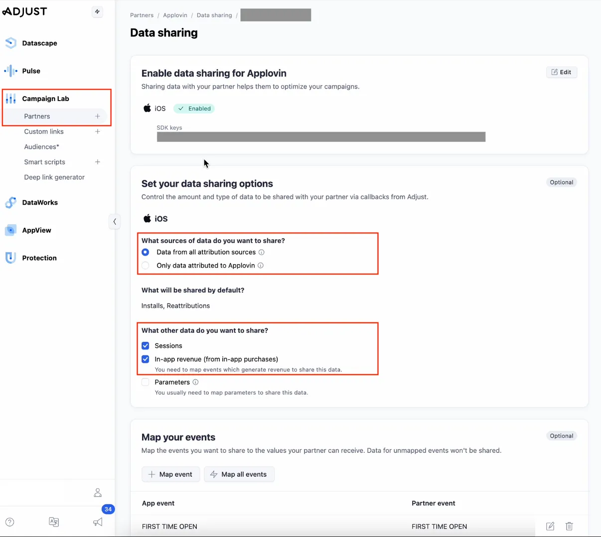 Campaign Lab > Partners. Data sharing. Set your data sharing options. Control the amount and type of data to be shared with your partner via callbacks from Adjust. iOS. What sources of data do you want to share? Data from all attribution sources (chosen), Only data attributed to Axon by AppLovin (unchosen). What will be shared by default? Installs, Reattributions. What other data do you want to share? Sessions (selected), In-app revenue (from in-app purchases) (selected) (You need to map events which generate revenue to share this data), Parameters (unselected) (You usually need to map parameters to share this data.)