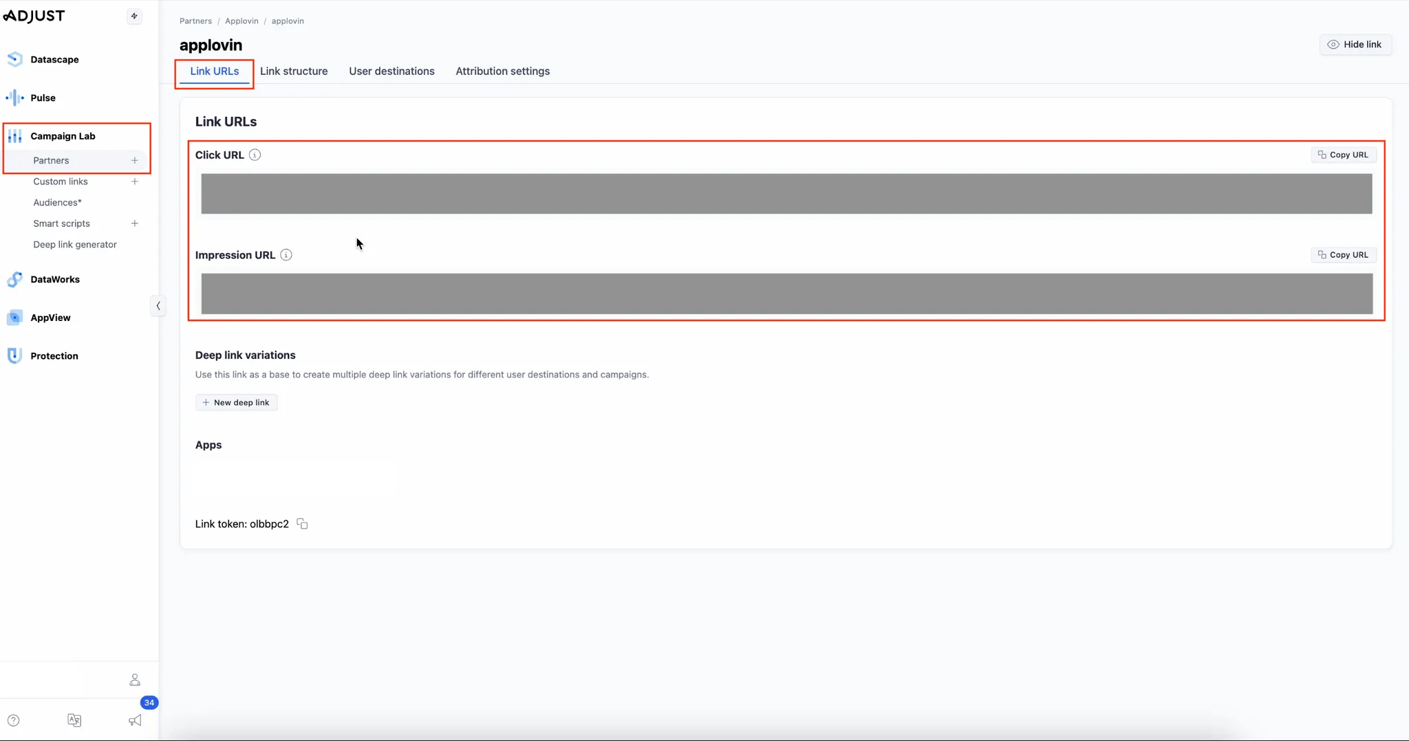 Campaign Lab > Partners. Link URLs: Click URL (Copy URL button), Impression URL (Copy URL button), Deep link variations (Use this link as a base to create multiple deep link variations for different user destinations and campaigns.vents button. Table of App events and corresponding Partner events. Apps. Link token.