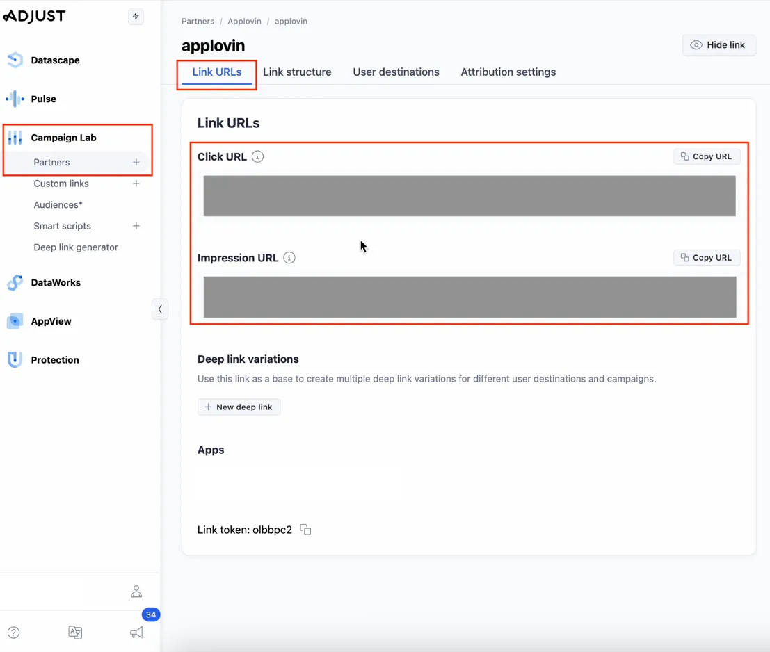 Campaign Lab > Partners. Link URLs: Click URL (Copy URL button), Impression URL (Copy URL button), Deep link variations (Use this link as a base to create multiple deep link variations for different user destinations and campaigns.vents button. Table of App events and corresponding Partner events. Apps. Link token.