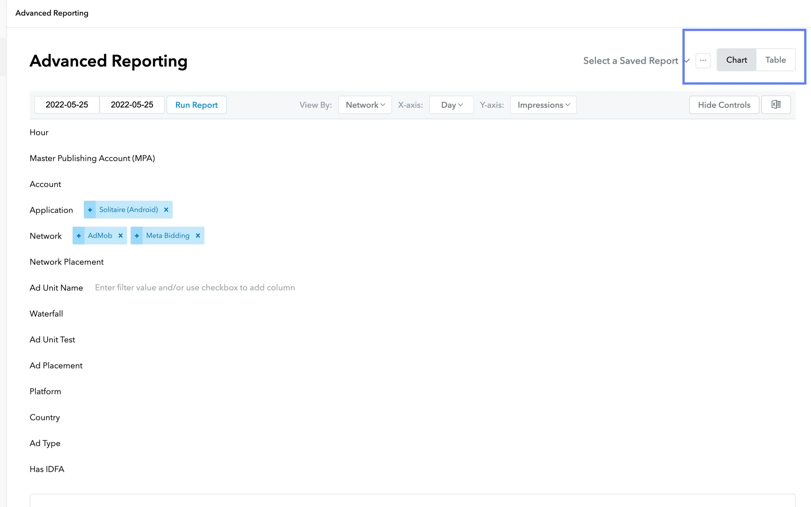 Advanced Reporting. Select a Saved Report: Chart/Table. Run Report. View By. X-axis. Y-axis. Hide Controls. Export as CSV. Hour / Master Publishing Account (MPA) / Account / Application / Network / Network Placement / Ad Unit Name / Waterfall / Ad Unit Test / Ad Placement / Platform / Country / Ad Type / Has IDFA