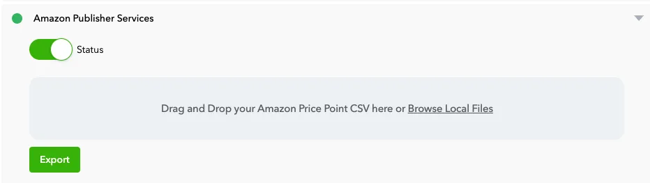 Amazon Publisher Services. Status. Include All. Drag and Drop your Amazon Price Point CSV here or Browse Local Files. Export.