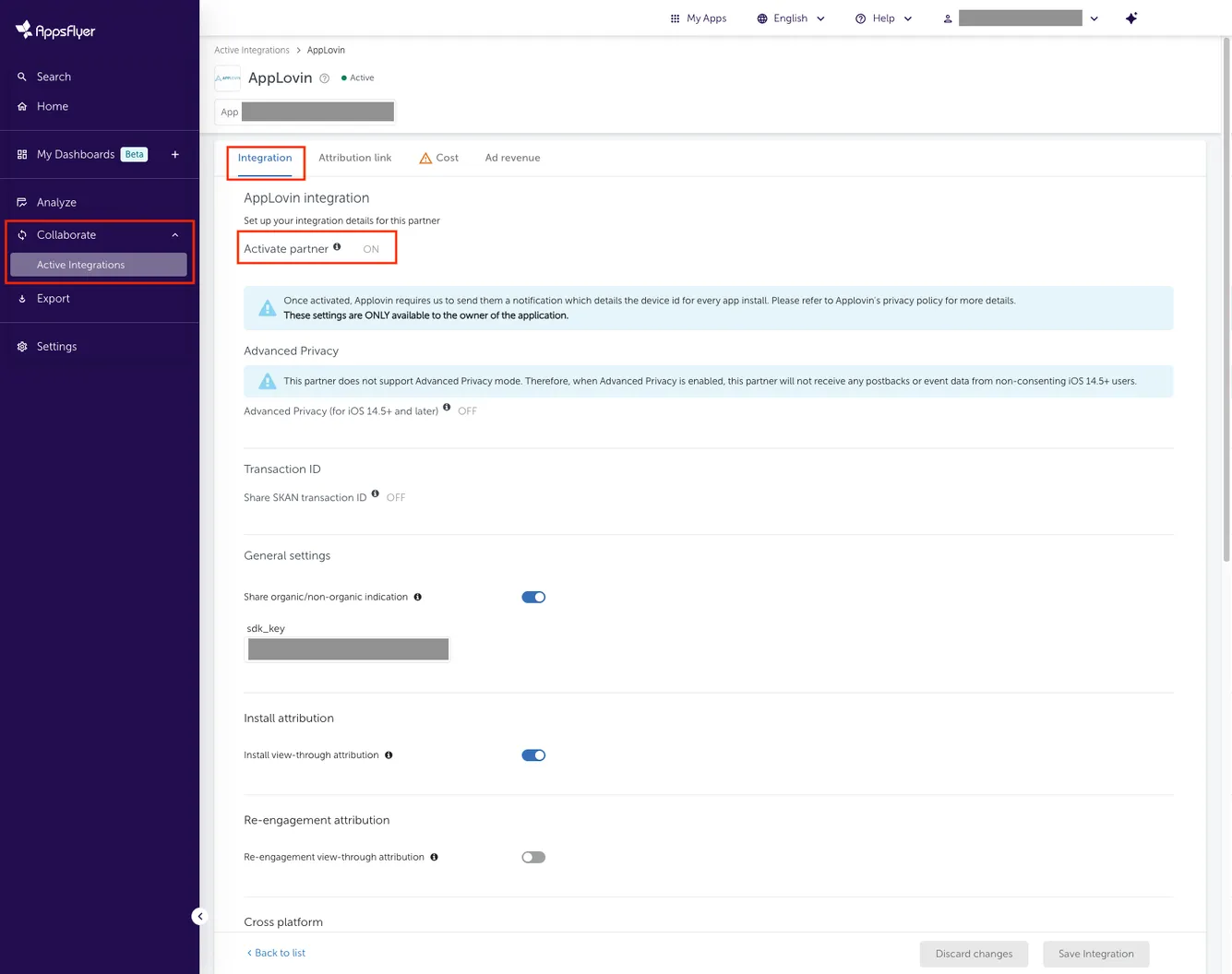 Collaborate > Active Integrations. Integration. Axon by AppLovin integration. Set up your integration details for this partner. Activate partner (on). Discard changes button. Save Integration button.