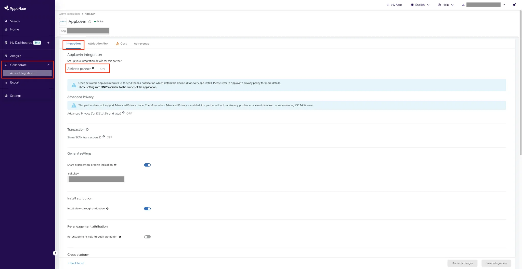 Collaborate > Active Integrations. Integration. Axon by AppLovin integration. Set up your integration details for this partner. Activate partner (on). Discard changes button. Save Integration button.