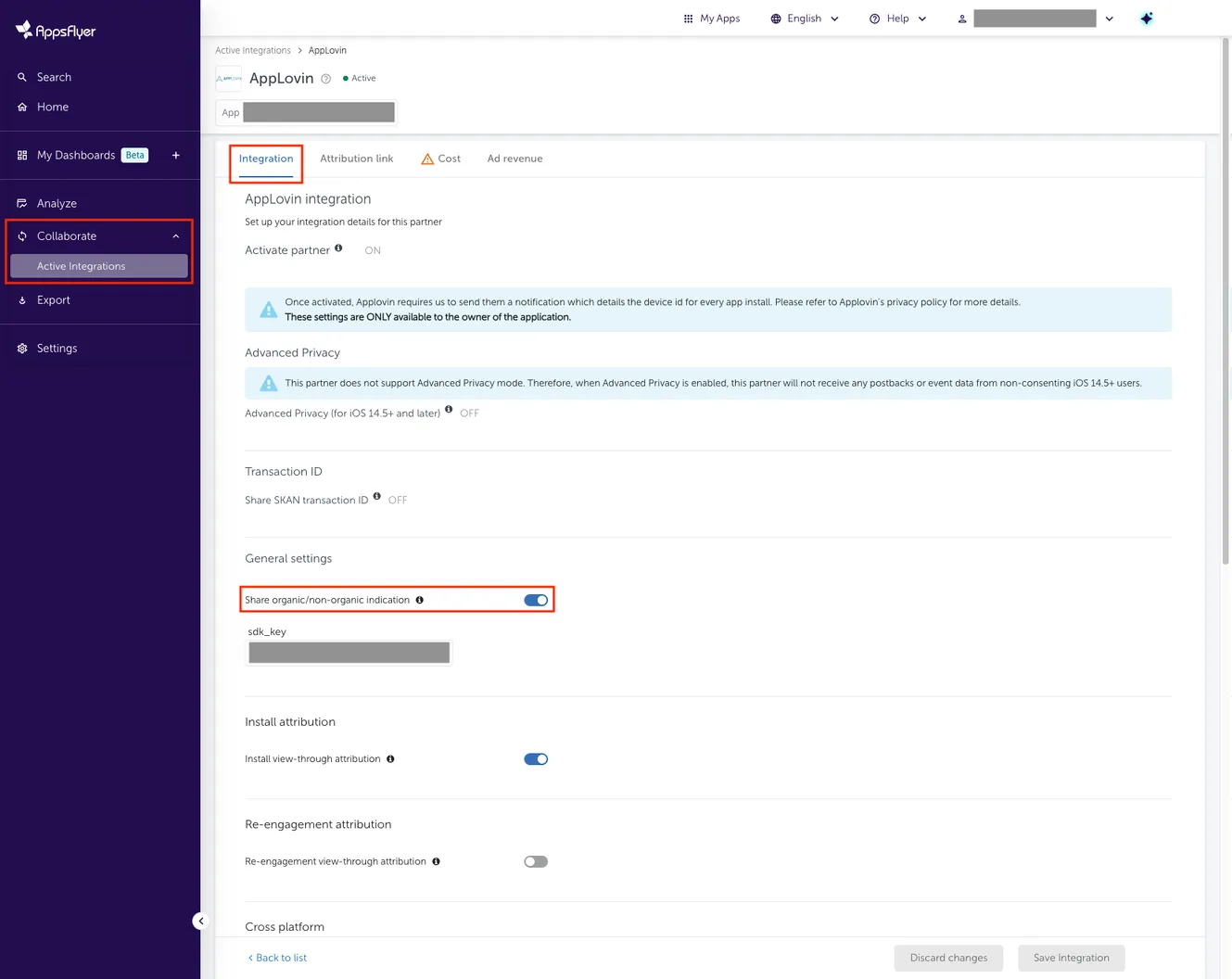 Collaborate > Active Integrations. Integration. General settings. Share organic/non-organic indication (ON).