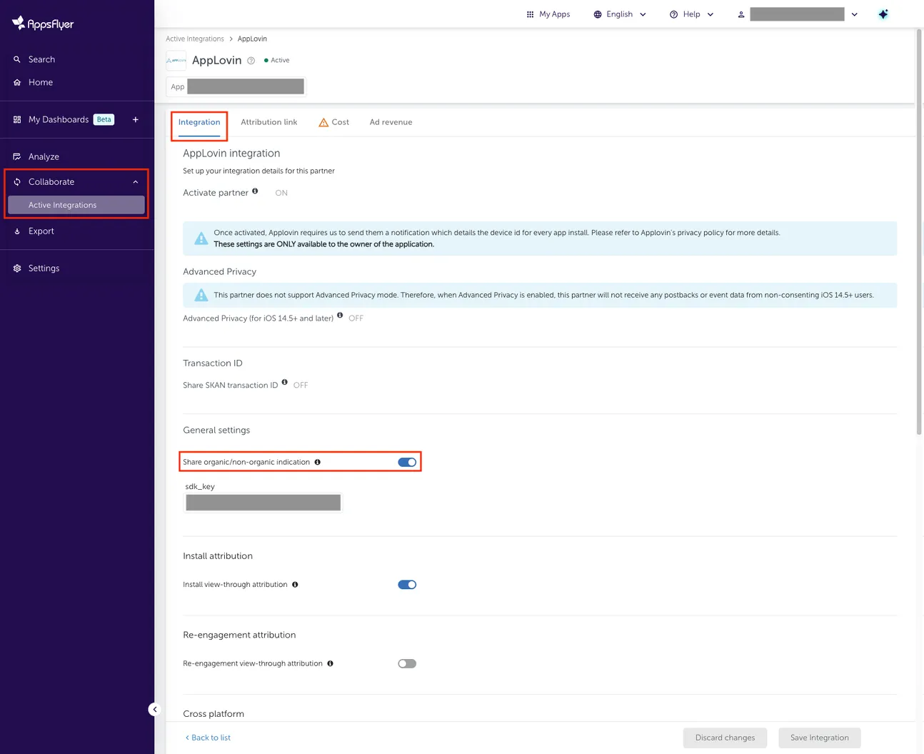 Collaborate > Active Integrations. Integration. General settings. Share organic/non-organic indication (ON).