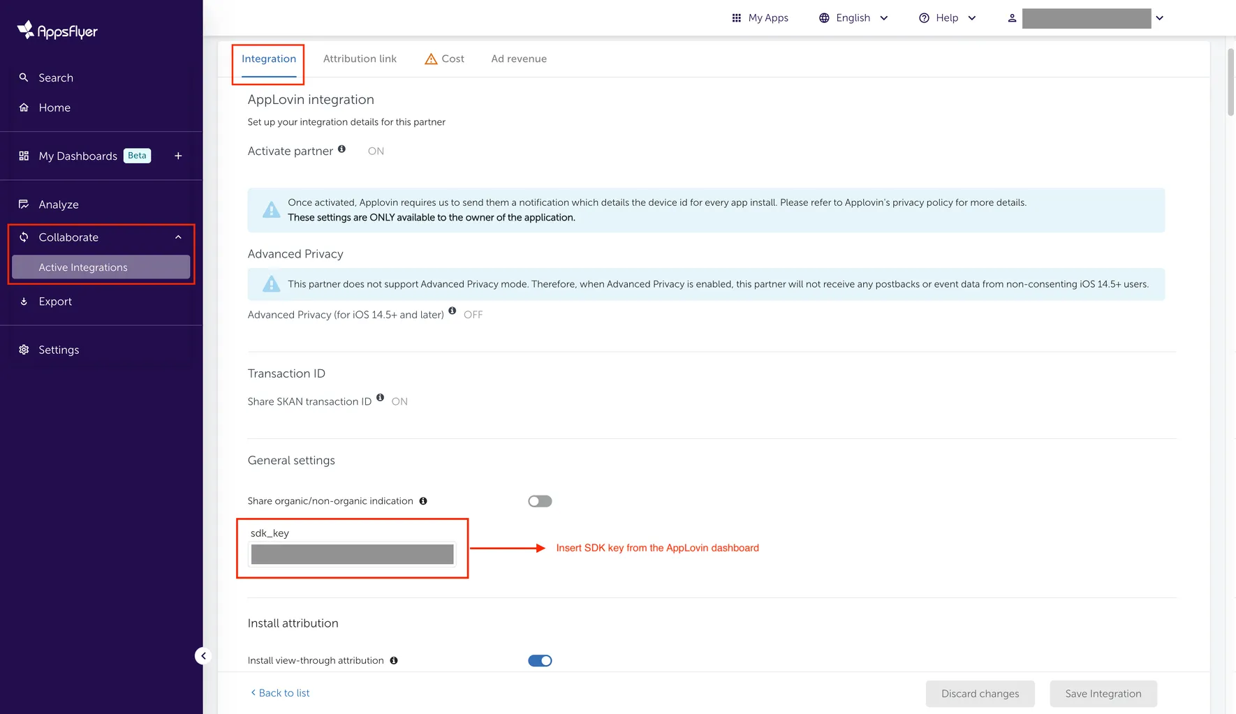 Collaborate > Active Integrations. Integration. General settings. sdk_key input field (insert SDK key from the Axon by AppLovin dashboard).