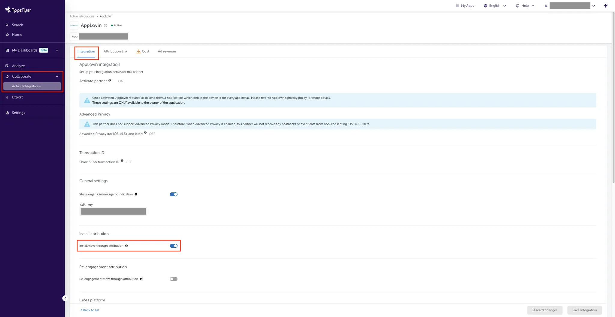 Collaborate > Active Integrations. Integration. Install attribution. Install view-through attribution (ON).