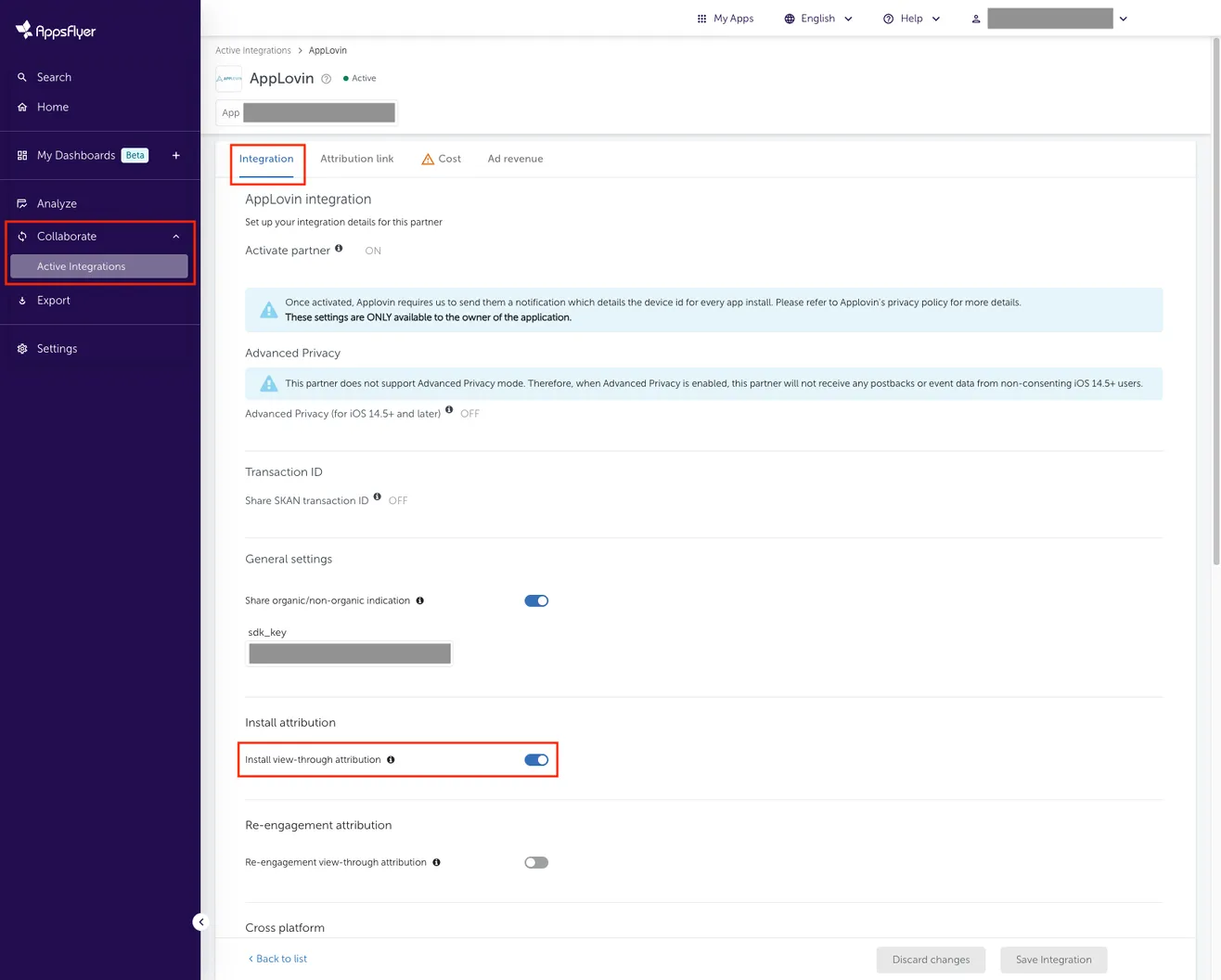 Collaborate > Active Integrations. Integration. Install attribution. Install view-through attribution (ON).