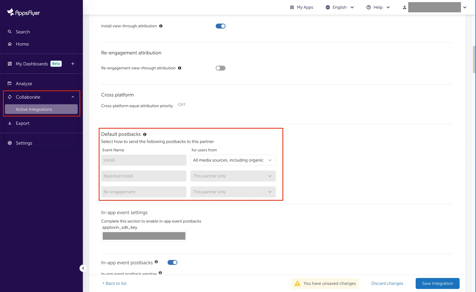 Collaborate > Active Integrations. Integration. Default postbacks. Select how to send the following postbacks to this partner. Table of event names and corresponding for-users-from selections.