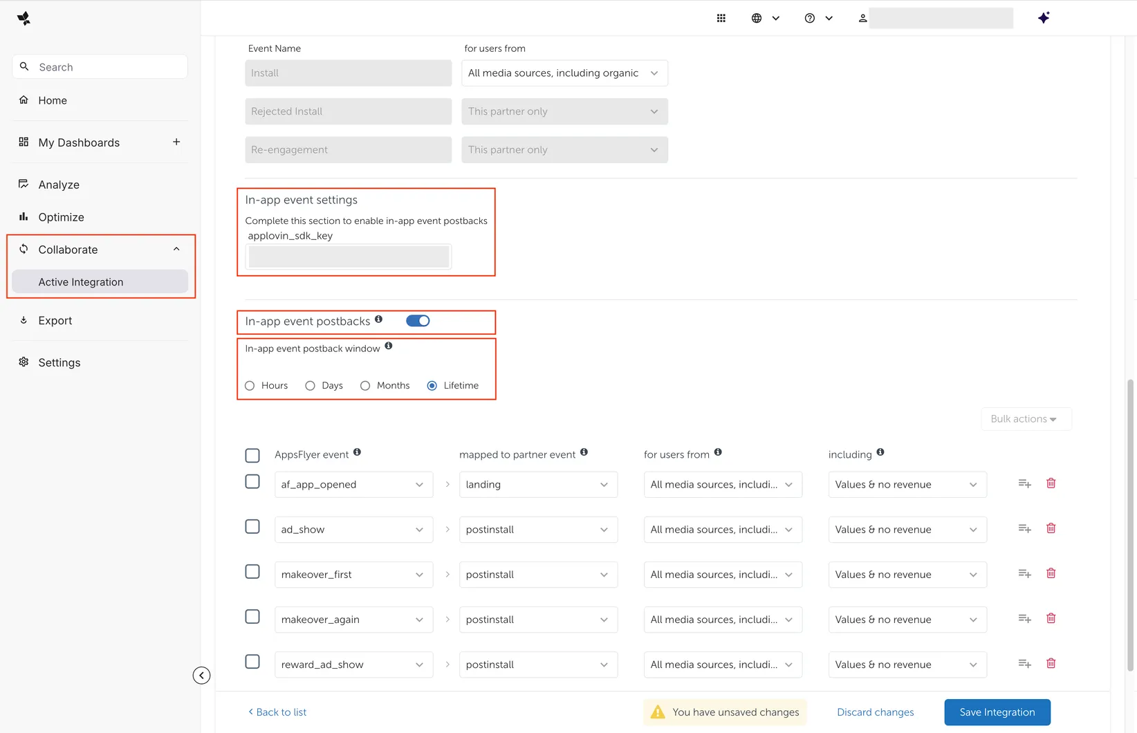 Collaborate > Active Integrations. Integration. In-app event settings (Complete this section to enable in-app event postbacks). applovin_sdk_key input field. In-app event postbacks toggle. In-app event postback window options.