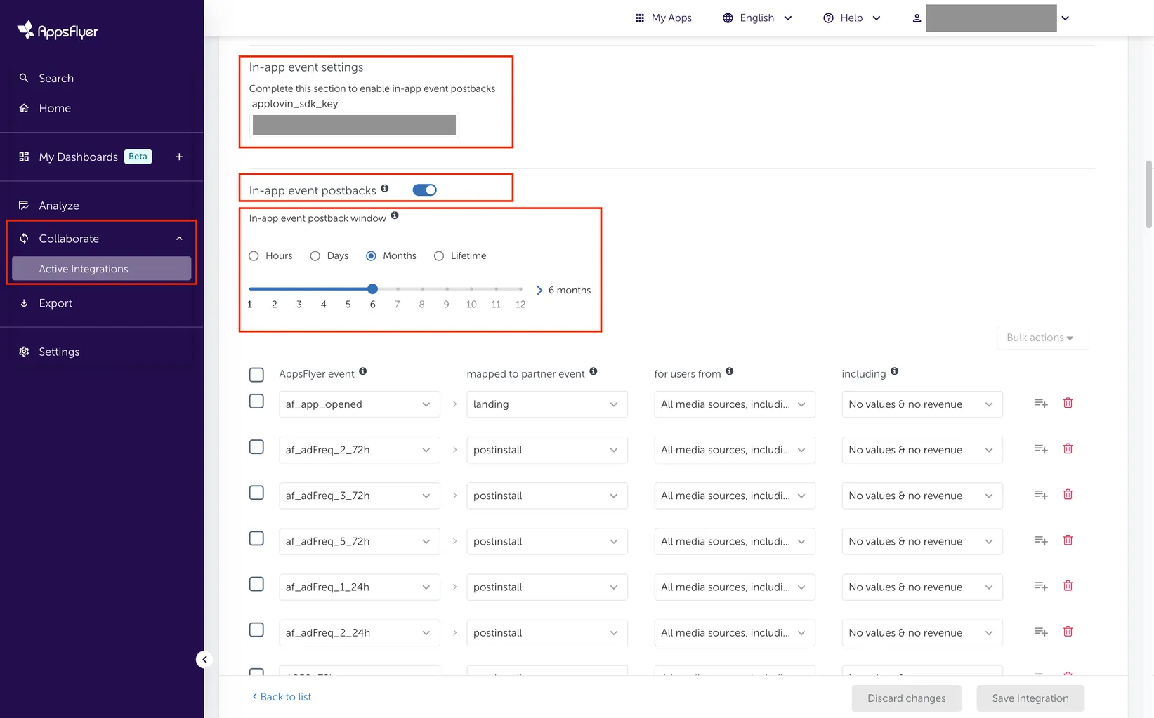 Collaborate > Active Integrations. Integration. In-app event settings (Complete this section to enable in-app event postbacks). applovin_sdk_key input field. In-app event postbacks toggle. In-app even postback window options.