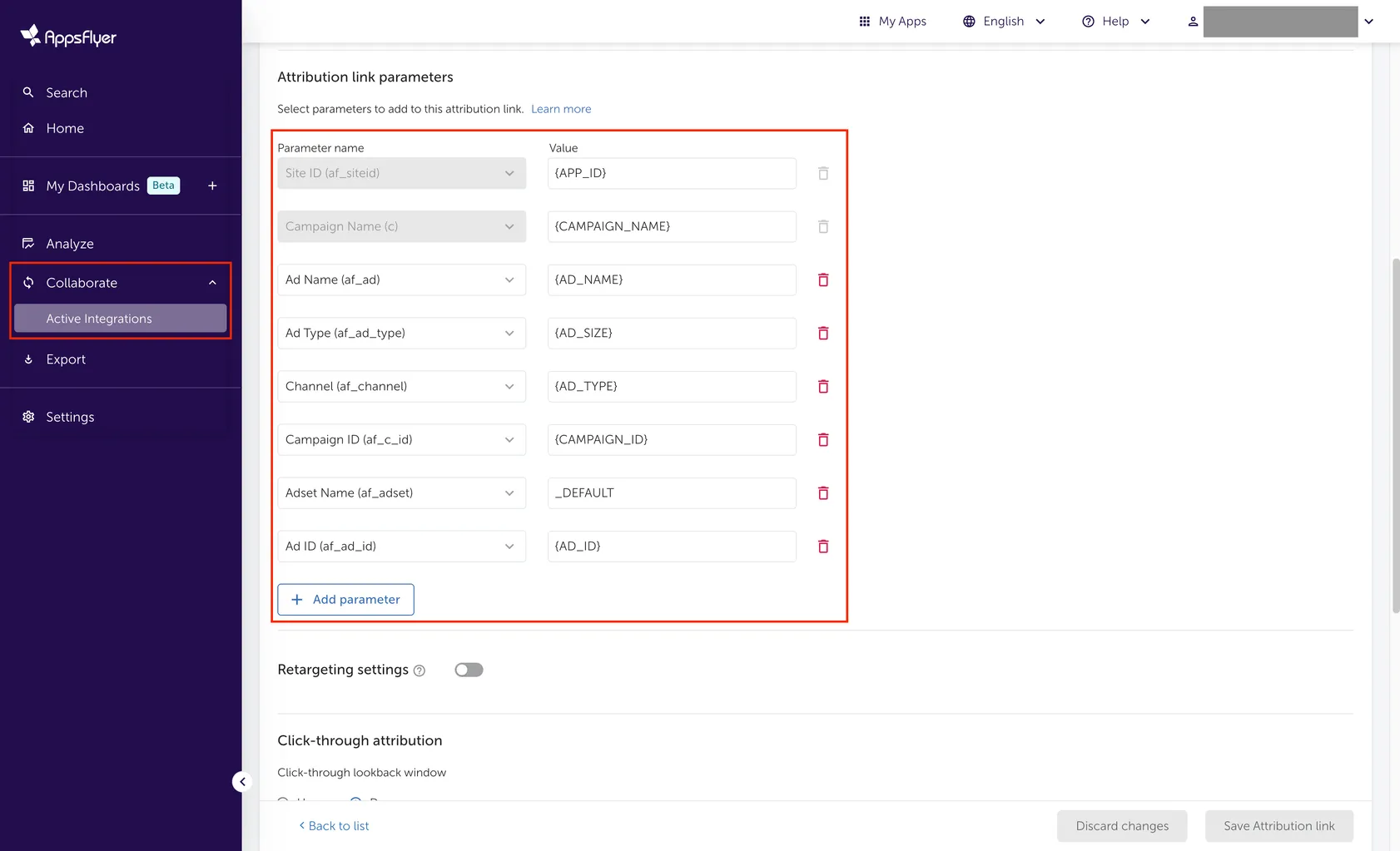 Collaborate > Active Integrations. Attribution link. Attribution link parameters. Select parameters to add to this attribution link. Table of parameter names and corresponding values.