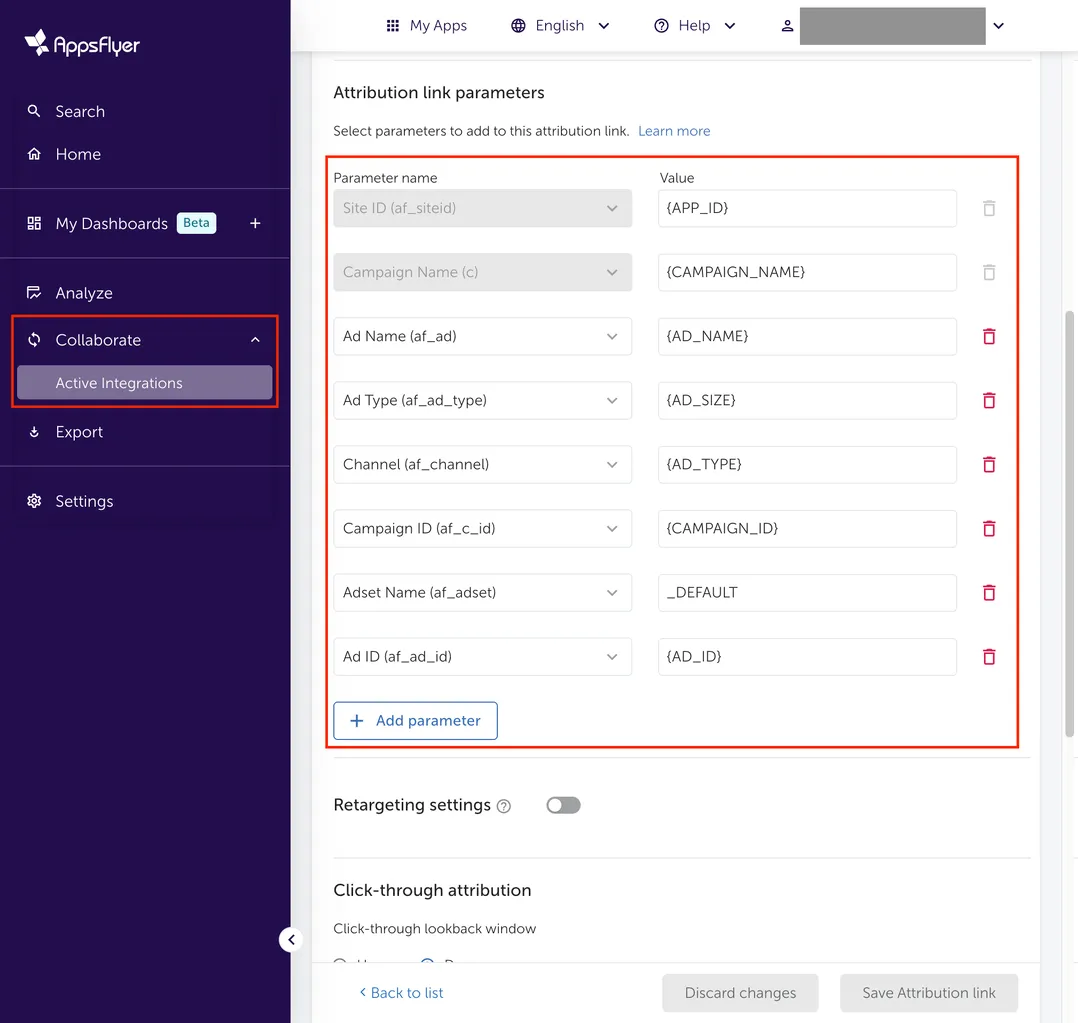 Collaborate > Active Integrations. Attribution link. Attribution link parameters. Select parameters to add to this attribution link. Table of parameter names and corresponding values.