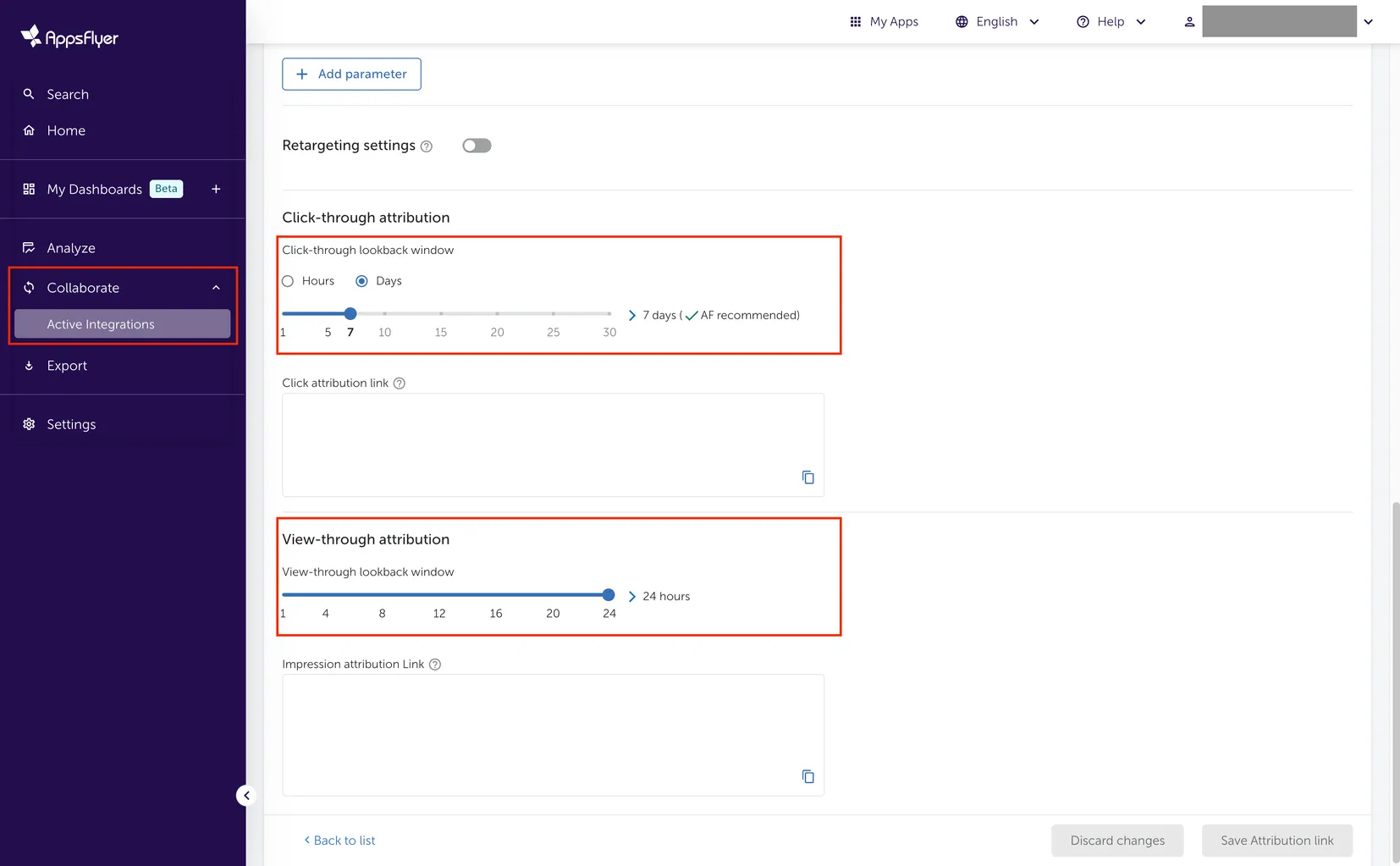 Collaborate > Active Integrations. Attribution link. Click-through attribution. Click-through lookback window selector. View-through attribution. View-through lookback window selector.