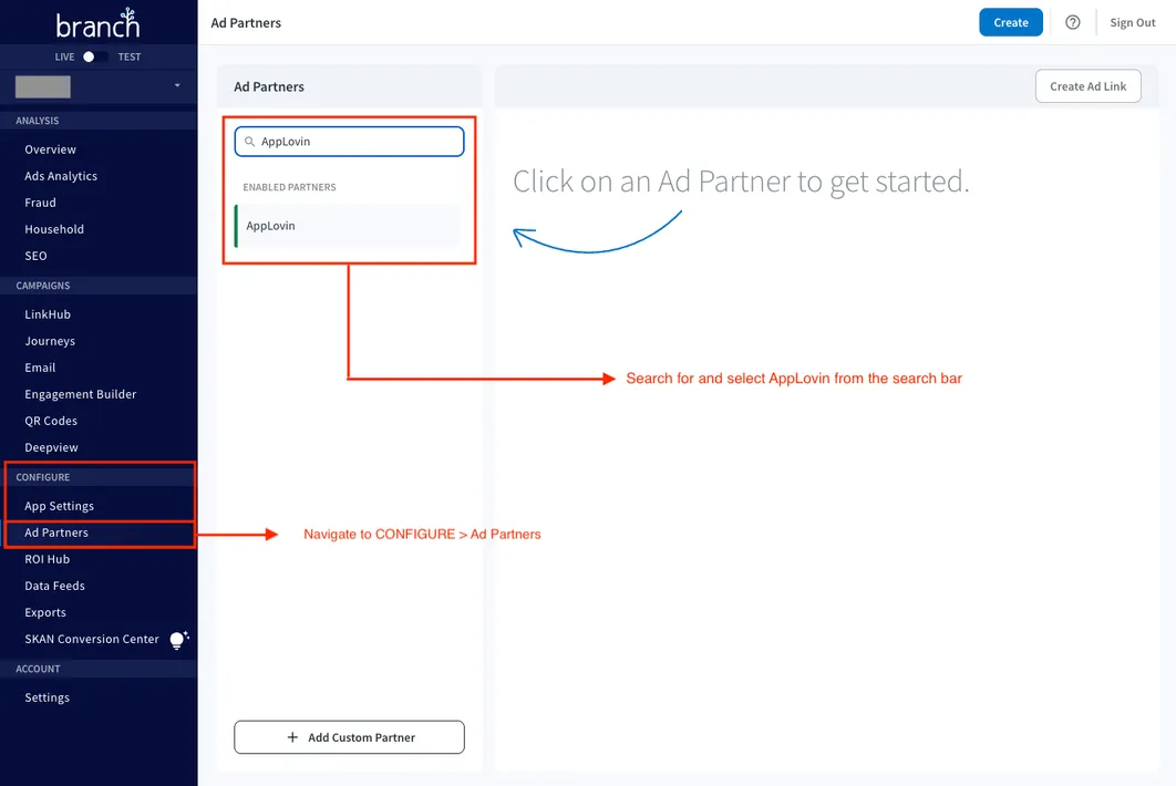 Navigate to Attribution Setup > Partner Configuration to set up Axon by AppLovin partnership. Select Axon by AppLovin as a partner to proceed with attribution configuration.