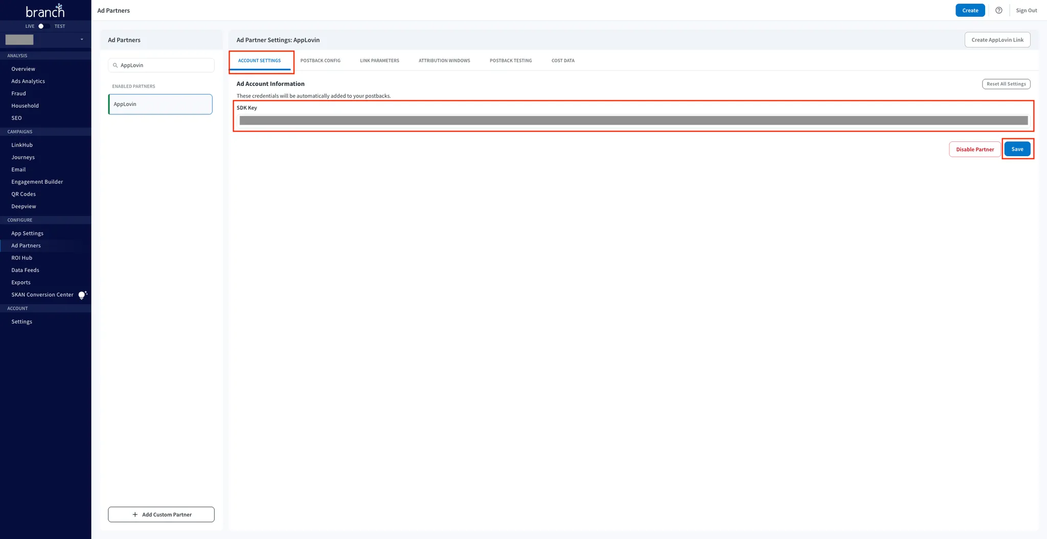 CONFIGURE > Ad Partners. Ad Partner Settings: Axon by AppLovin. Account Settings. Ad Account Information. These credentials will be automatically added to your postbacks. Reset All Settings button. SDK Key field. Disable Partner button. Save button.