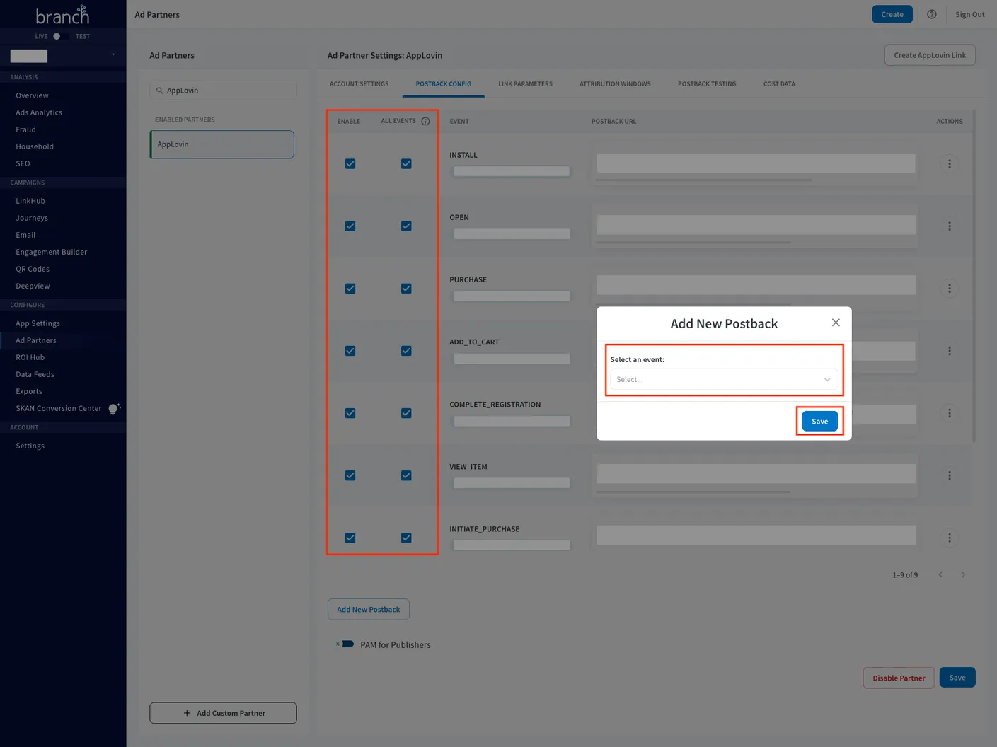 Add New Postback. Select an event: Event drop-down selector. Save button.