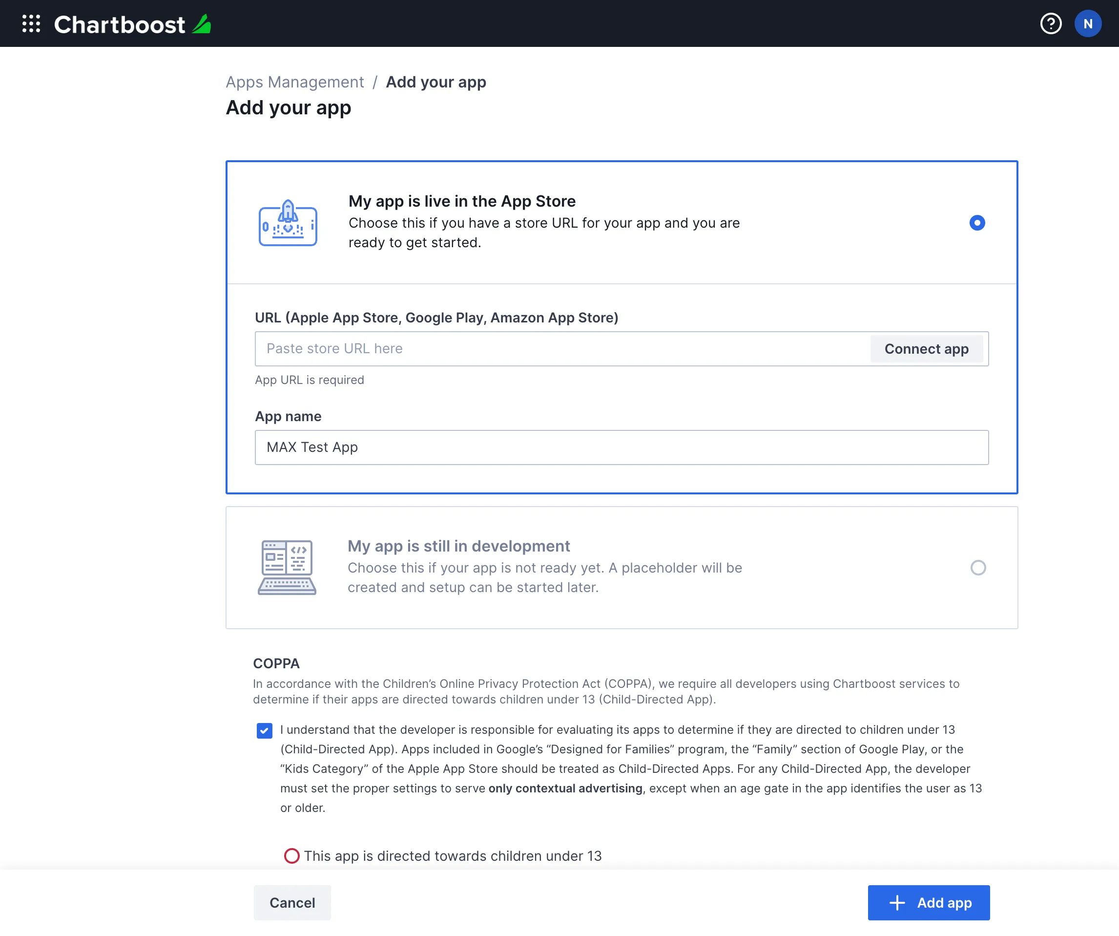 Apps management: Add your app. My app is live in the App Store. My app is still in development. Add App button.