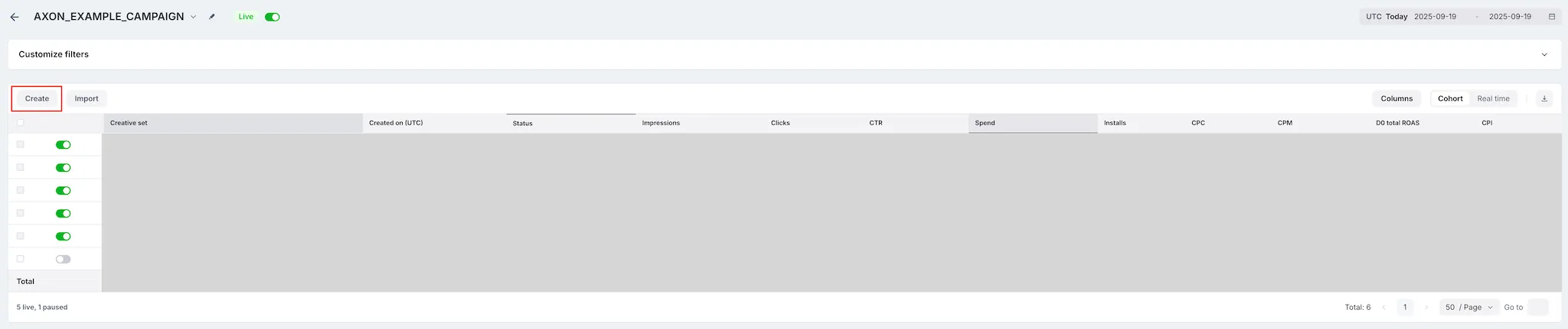 Customize filters. Create button. Import button. Table of creative sets.