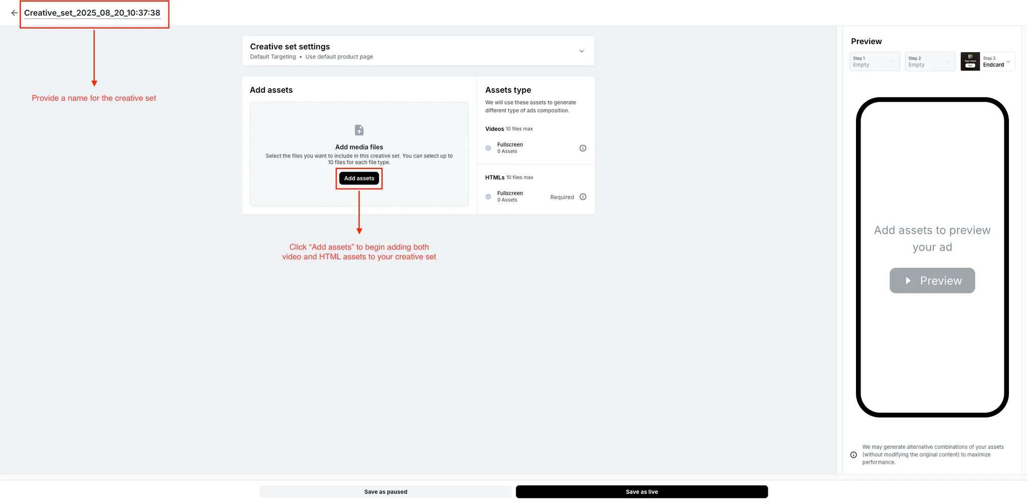 Provide a name for the creative set. Creative set settings. Add assets button. Click "Add assets" to begin adding both video and HTML assets to your creative set.
