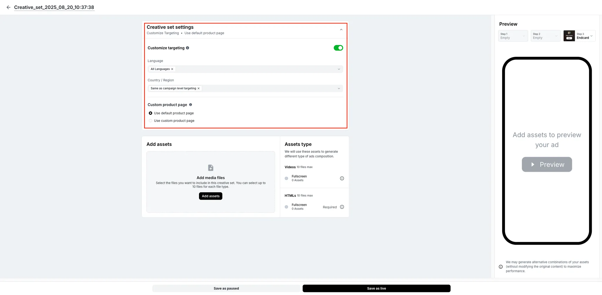 Creative set settings. Customize Targeting. Use default product page. Customize targeting. Language selector. Country/Region selector. Custom product page options: Use default product page, Use custom product page.