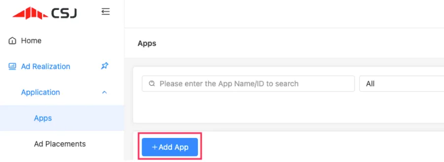 Ad Realization > Application > Apps > + Add App button