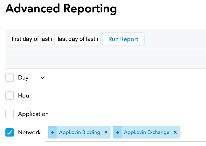 Advanced Reporting. first day of last…, last day of last…, Run Report. Day, Hour, Application. Network: AppLovin Bidding, AppLovin Exchange.