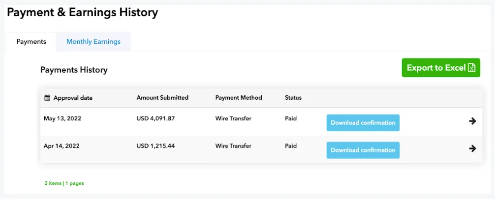Payment & Earnings History. Payments, Monthly Earnings. Payments History. Export to Excel button. Table: Approval date column, Amount Submitted column, Payment Method column, Status column.