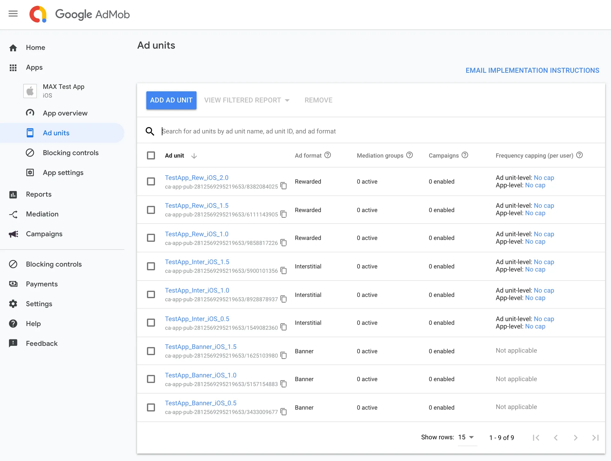 Google AdMob. Apps: Ad units. Add ad unit. Search for ad units by ad unit name, ad unit ID, and ad format.