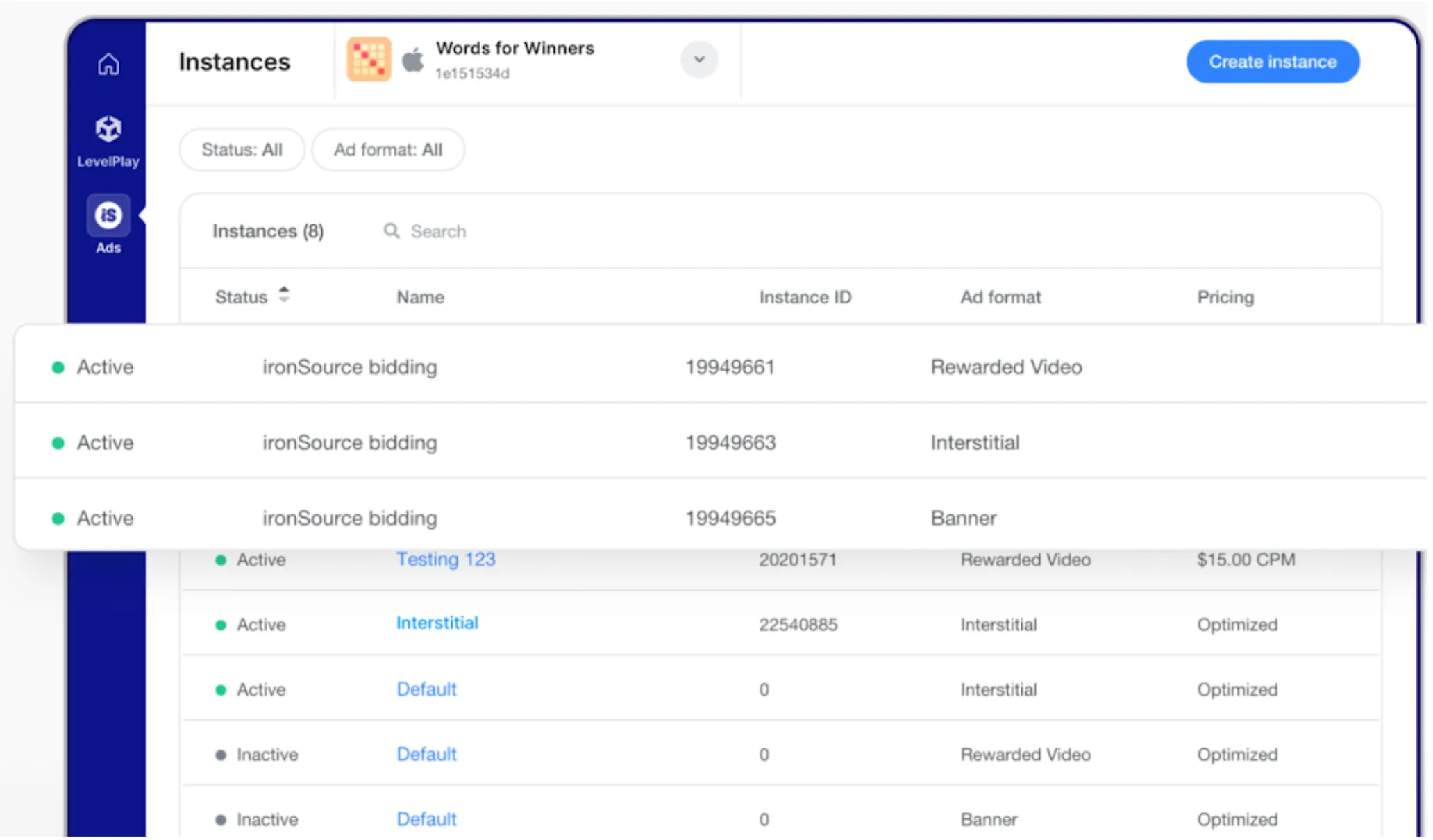 iS Ads: Instances. Status: All. Ad format: All. Instances (8). Search. Status column. Name column, Instance I.D. column. Ad format column. Pricing column. Create instance button.