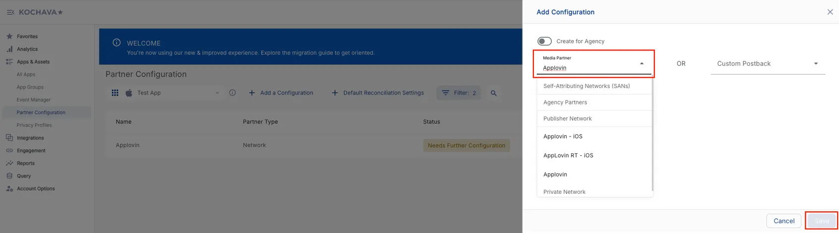 Add Configuration. Create for Agency toggle. Media Partner drop-down (or) Custom Postback drop-down. Cancel button. Save button.