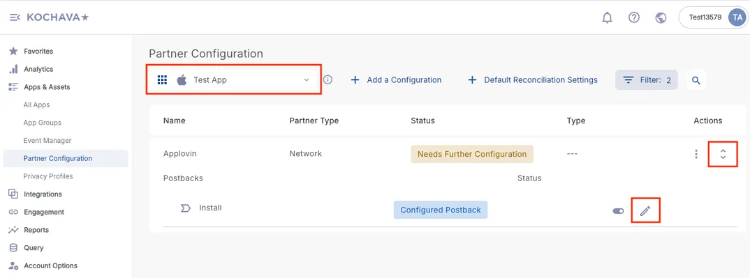 Apps & Assets > Partner Configuration. App selector. Actions: ↕. Install, Confured Postback, Toggle, pencil icon.