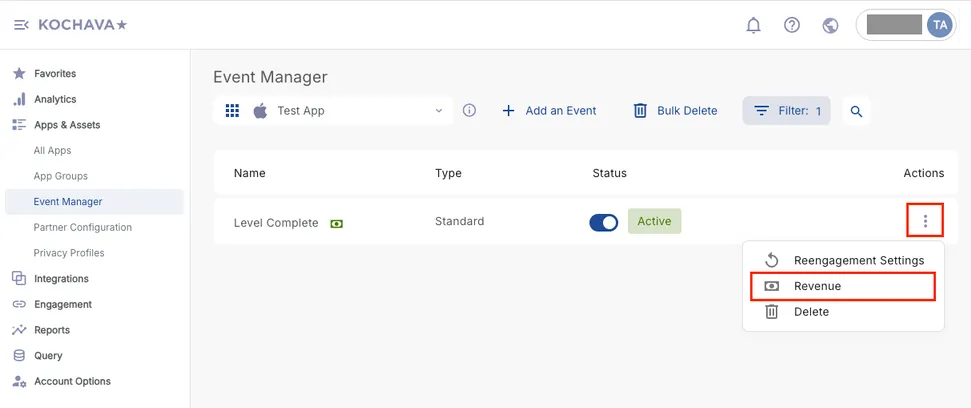Apps & Assets > Event Manager. Table: Name, Type, Status, Actions. ⋮: Reengagement Settings, Revenue, Delete.