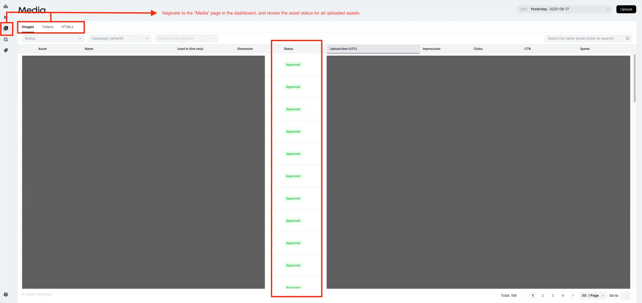 Navigate to the “Media” page in the dashboard, and review the asset status for all uploaded assets.