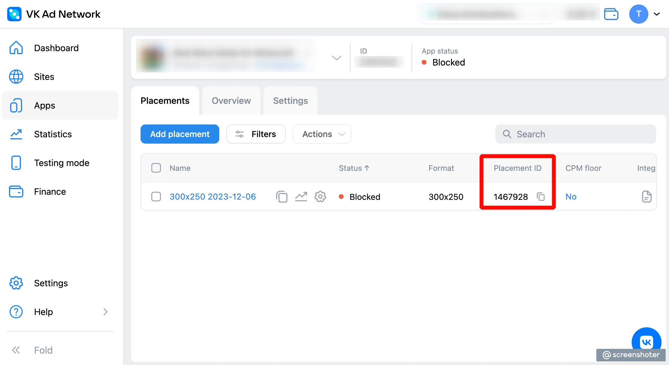 VK Ad Network. Apps > Placements. Add placement button. Filters button. Actions button. Search input box. Table: Name, Status, Format, Placement I.D., C.P.M. floor