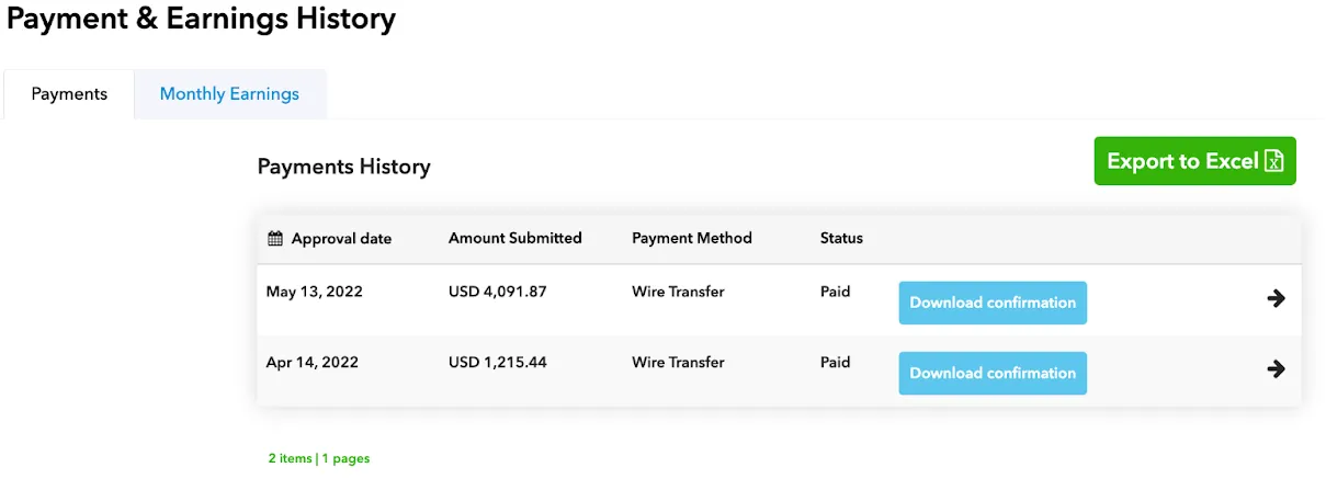 Payment & Earnings History. Payments tab. Payments History. Table: Approval date, Amount Submitted, Payment Method, Status, Download confirmation button. Export to Excel button.