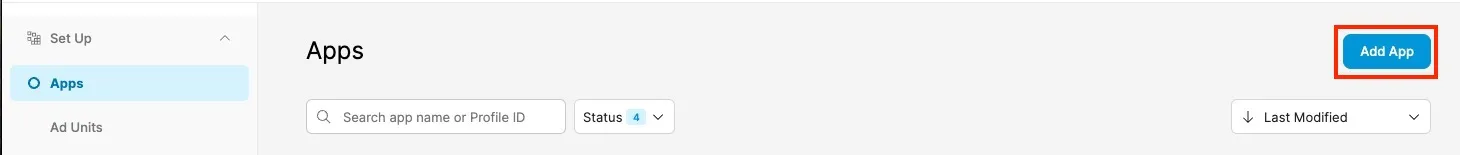 Apps. Add App button. Search app name or Profile ID field. Status drop-down. Last Modified drop-down.