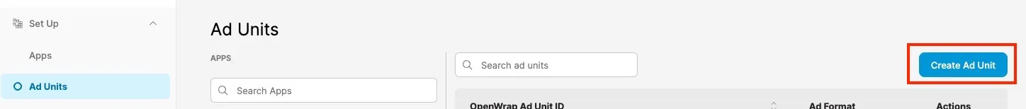 Ad Units. Create Ad Unit button. Apps: Search Apps field. Search ad units field.