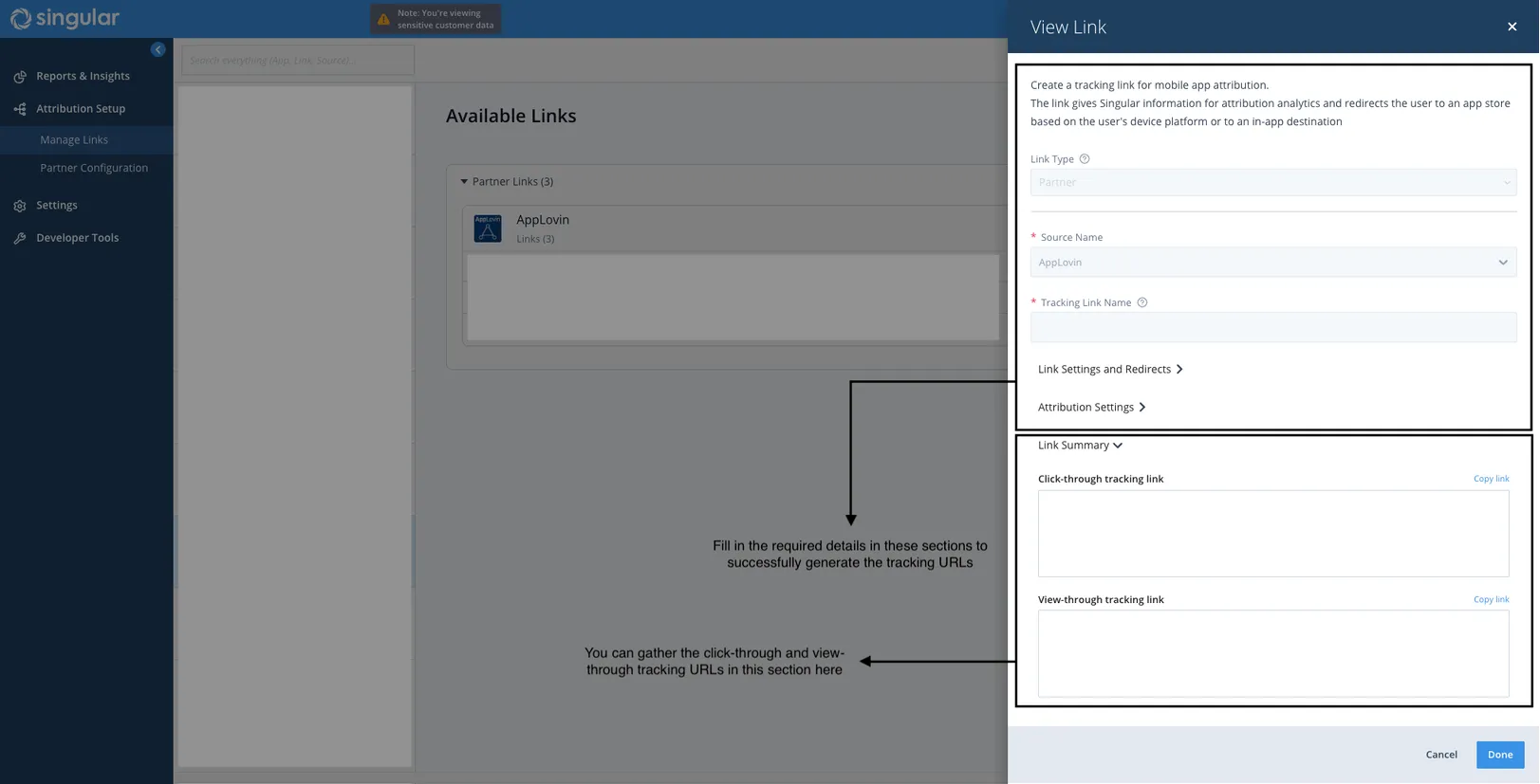 View Link. Create a tracking link for mobile app attribution (Fill in the required details in these sections to successfully generate the tracking URLs). Link Summary (You can gather the click-through and view-through tracking URLs in this section here).