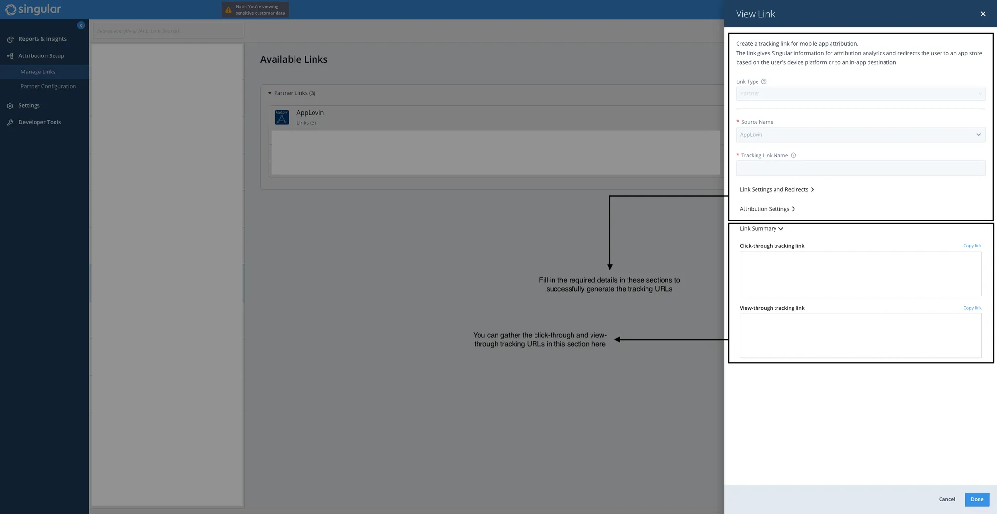 View Link. Create a tracking link for mobile app attribution (Fill in the required details in these sections to successfully generate the tracking URLs). Link Summary (You can gather the click-through and view-through tracking URLs in this section here).