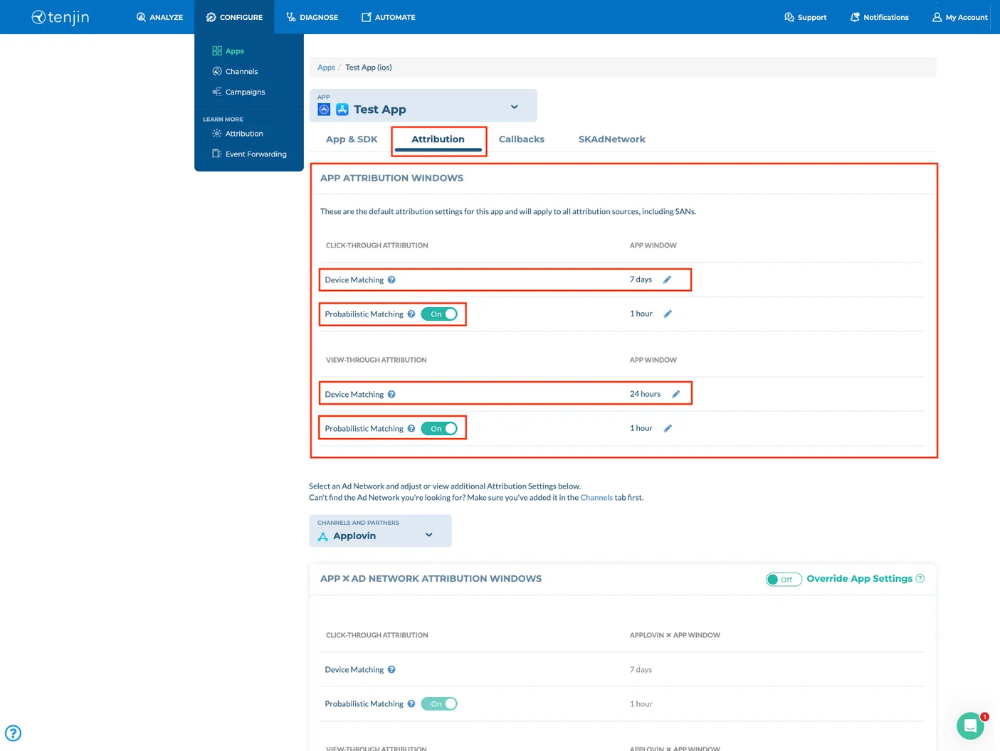 CONFIGURE > Apps. Attribution. App Attribution Windows. These are the default settings for this app and will apply to all attribution sources, including SANs. Click-through Attribution settings. View-Through Attribution settings.