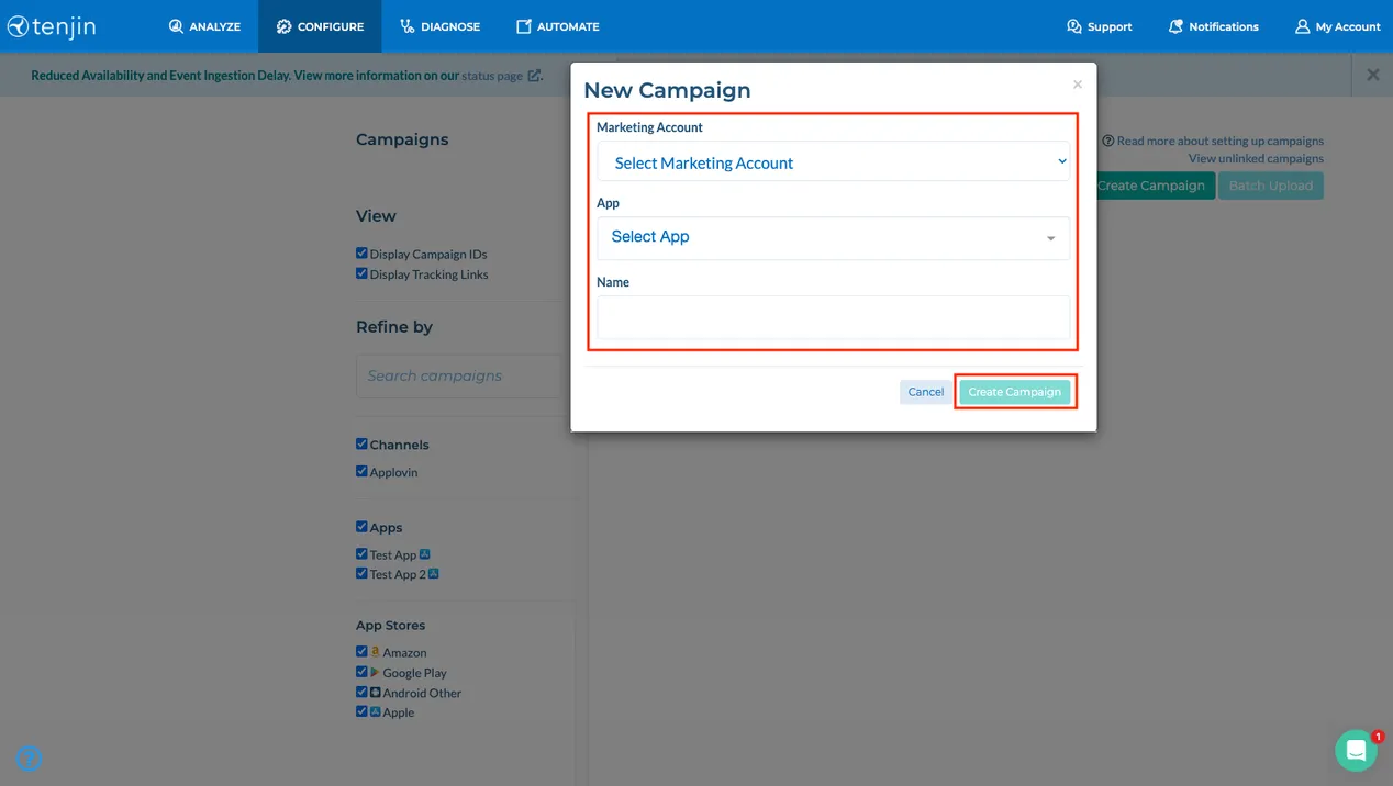 New Campaign. Marketing Account drop-down. App drop-down. Name field. Cancel button. Create Campaign button.