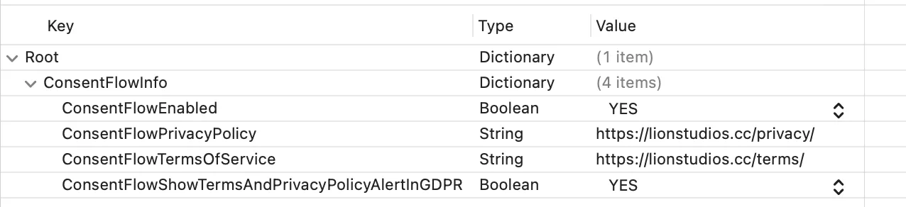 Root > ConsentFlowInfo > ConsentFlowEnabled (Boolean) = YES, ConsentFlowPrivacyPolicy (String) = https://lionstudios.cc/privacy/, ConsentFlowTermsOfService (String) = https://lionstudios.cc/terms/